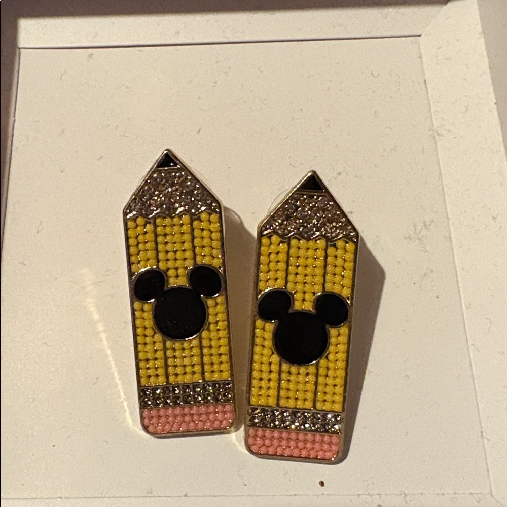 Yellow and Pink Pencil Earrings with Black Mickey Design